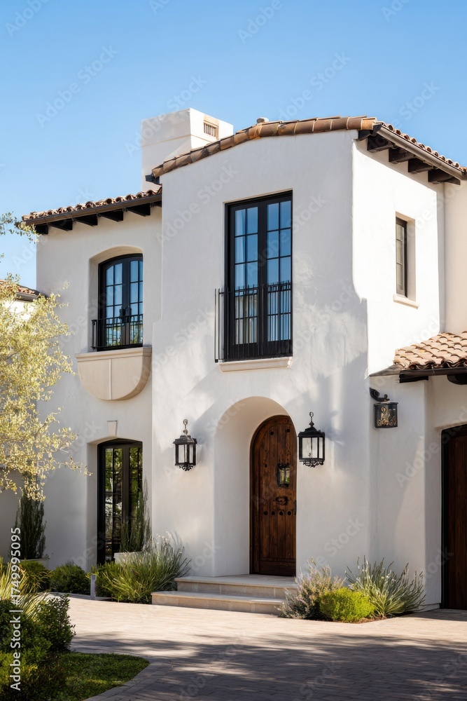 Fototapeta premium Modern Spanish-style home with elegant architecture and lush landscaping located in a serene neighborhood on a clear sunny day