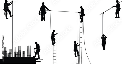 Construction workers silhouette on site with rope, ladder, scaffolding, teamwork, safety, industrial building, engineering, labor, occupation, teamwork, structure, industry, 