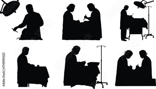 Surgeon silhouette, operating room scene, surgical teamwork, medical procedure, clipboard pose, instrument prep, black figure, healthcare action