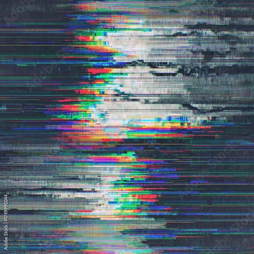 Digital Distortion: An abstract display of visual data corruption, featuring a vibrant array of colors and a sense of technological disruption.