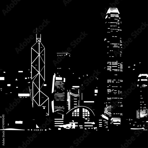 Black and White Silhouette of Hong Kong City Skyline at Night.