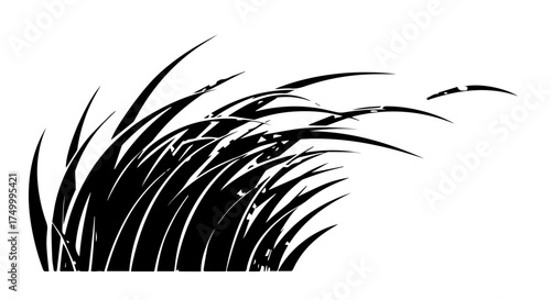 Black and White Silhouette of Lush, Flowing Grass Blades in the Wind.