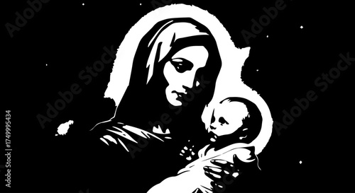 Black and White Silhouette of Madonna Holding Baby Jesus, Artistic Style.