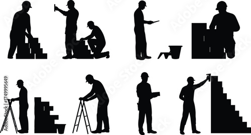 Construction workers silhouette with ladder, bricks, tools, teamwork, inspection, measurement, building site, safety, industry, architecture, labor, occupation, workforce, engineering, 