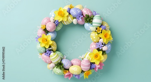 colorful floral easter wreath with eggs and flowers