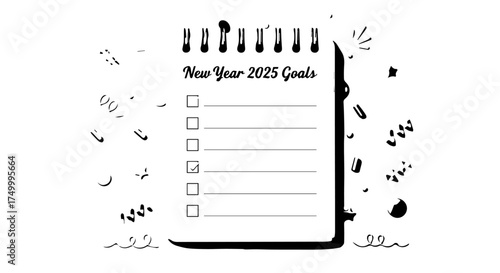 Black and White Sketch of a New Year 2025 Goals Notepad with Checklist.