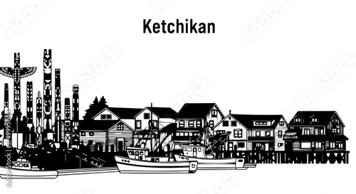 Black and White Sketch of Ketchikan Waterfront Buildings and Totem Poles.