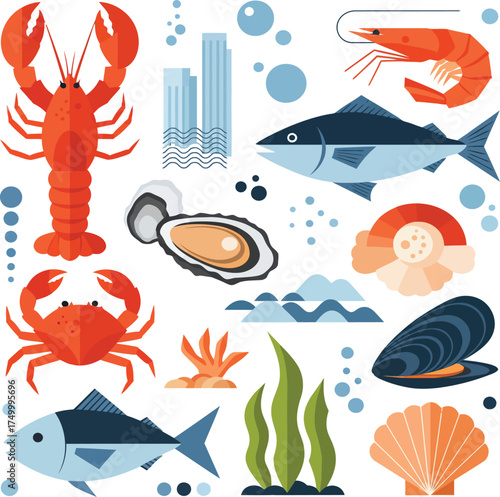 vector, illustration, seafood, crab, shrimp, fish, shellfish, seaweed, poster, printing, background