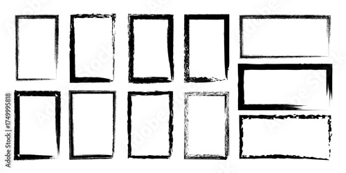 Collection of distressed grunge rectangular frames and borders with a rough textured artistic brush stroke effect for graphic design