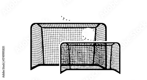 Black and White Soccer Goals Illustration with Netting and Rectangular Frames.