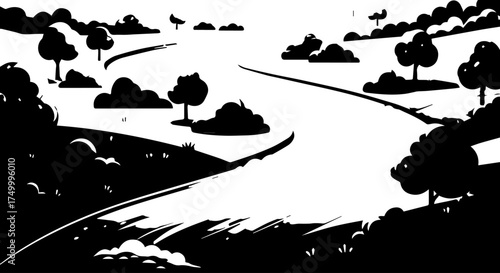 Black and White Stylized Landscape Depicting a Winding River and Trees.