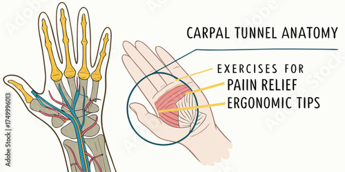 Carpal Tunnel Relief Vector Illustration – Hand and Wrist Anatomy Outline Showing Nerves, Pain Points, and Ergonomic Exercise Tips for Pain Relief and Prevention