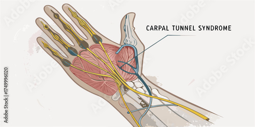 Carpal Tunnel Relief Vector Illustration – Hand and Wrist Anatomy Outline Showing Nerves, Pain Points, and Ergonomic Exercise Tips for Pain Relief and Prevention