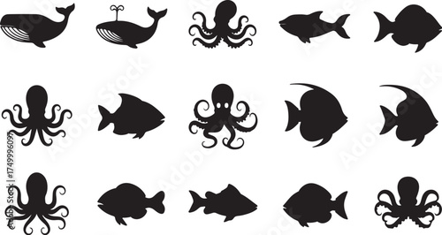 Fish Silhouette Vector Collection — Black Aquatic Animal Icons and Marine Life Design Set