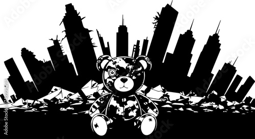 Black and White Teddy Bear with Damaged Appearance, Sitting in Ruins.