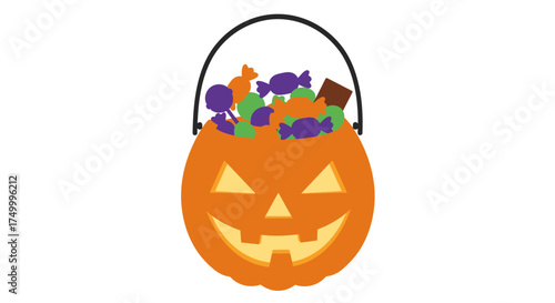Jack o lantern halloween candy bucket filled with assorted sweets perfect for trick or treating celebration fun isolated on white background