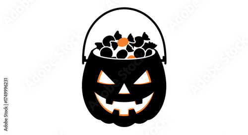 Halloween jack o lantern candy bucket filled with sweets festive fall holiday treat gathering decoration isolated on white background