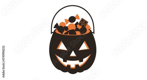 Full halloween jack o lantern bucket filled with assorted candies and treats ready for trick or treating fun isolated on white background