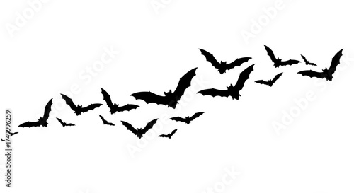 Silhouette swarm of flying bats in dynamic formation for halloween and spooky themed designs isolated on white background