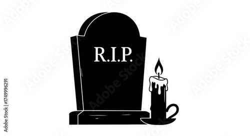 Solemn rip gravestone and burning candle monument symbolizing death memorial funeral grief mourning remembrance passing isolated on white background