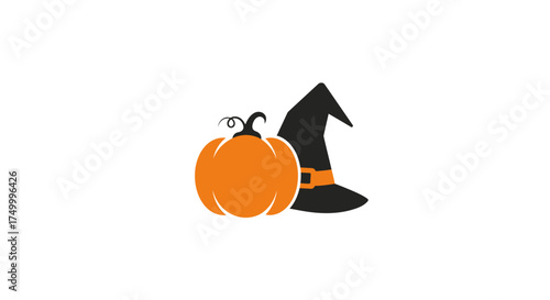 Spooky halloween pumpkin and witch hat featuring classic orange and black colors with festive autumn charm isolated on white background