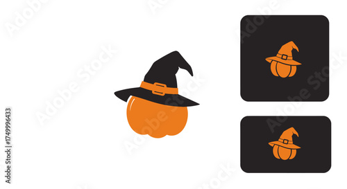 Halloween pumpkin wearing witch hat festive autumn harvest spooky season celebration isolated graphic element for design isolated on white background