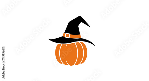 Whimsical witch hat topping festive orange pumpkin symbolizing halloween celebration and autumn harvest season isolated on white background