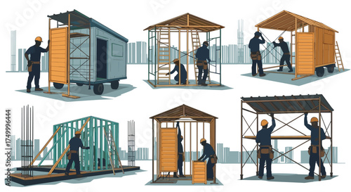 Construction workers silhouettes building small structures, teamwork collaboration, wooden frame assembly, scaffolding work, safety helmet labor, engineering project,