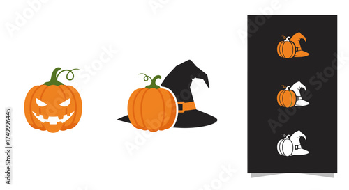 Spooky halloween icons featuring jack-o-lanterns and witch hats perfect for holiday decorations and graphic design projects isolated on white background
