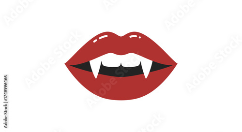 Open red lips with sharp white vampire fangs baring teeth symbolizing scary halloween horror or gothic romance and allure isolated on white background