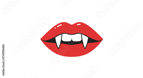 Captivating red lips with sharp vampire fangs baring teeth emitting a mysterious alluring aura for halloween or gothic themes isolated on white background