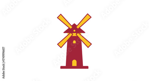 Charming cartoon windmill with bright yellow sails and a vibrant red body evoking traditional dutch countryside scenes and historical energy. isolated on white background