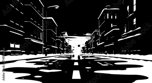 Black and White Urban Street Scene with Buildings and Shadows, Perspective View.