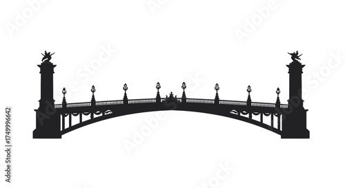 Ornate architectural bridge silhouette featuring historic lampposts and grand pillars symbolizing urban engineering and cityscape beauty isolated on white background