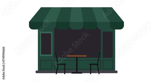 Charming green outdoor kiosk or small booth with awning offering refreshments or merchandise displayed simply isolated on white background