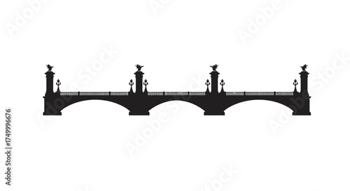 Elegant silhouette of a grand arched bridge with ornate pillars and statues creating a majestic skyline view isolated on white background