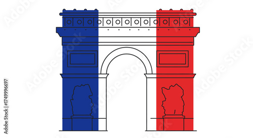 Iconic arc de triomphe landmark in paris france digitally depicted with french flag colors creating a patriotic symbol isolated on white background