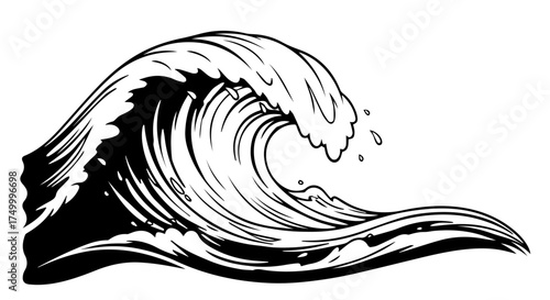 Black and White Vector Illustration of a Crashing Ocean Wave with Detailed Texture.