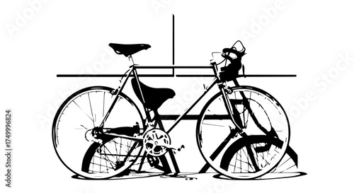 Black and White Vintage Bicycle Leaning Against a Wall, Detailed Silhouette.
