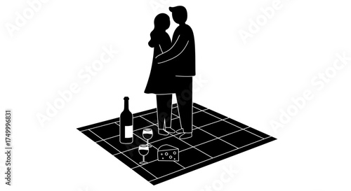Romantic couple embracing on picnic blanket with wine glasses and bottle silhouette for love celebration isolated on white background