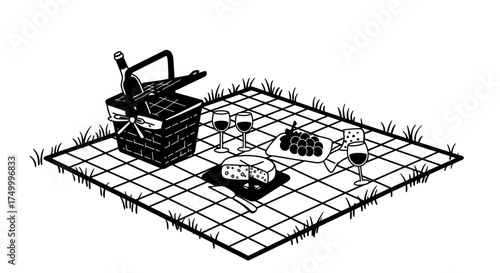 Whimsical hand-drawn picnic scene with basket cheese and slices of bread on a gingham blanket isolated on white background