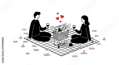 Romantic couple enjoying outdoor picnic with wine and hearts symbolizing love and affection under a clear sky isolated on white background