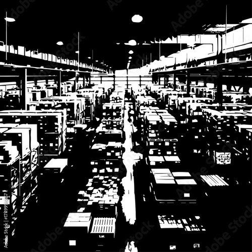 Black and White Warehouse Interior with Rows of Packed Boxes and Shelves.