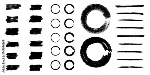 Collection of hand drawn black ink abstract brush stroke elements including scribbles circles and lines for graphic design