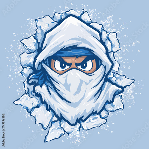 Determined masked character bursting through a crumbling ice wall, frosty explosion effect, powerful cartoon vector art