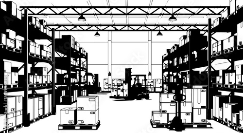 Black and White Warehouse Interior with Forklifts and Shelves Full of Boxes.