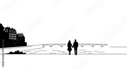 Silhouettes of a couple holding hands walking along a snowy riverside with buildings in the background isolated on white background