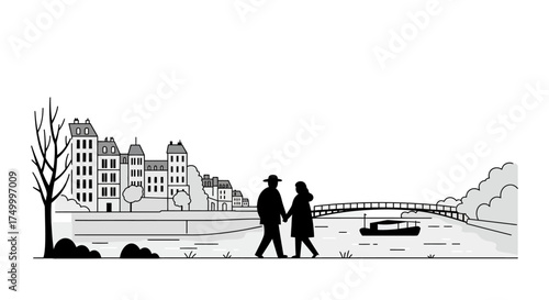 Couple walking hand in hand beside historic buildings and a frozen landscape with bare trees and a car isolated on white background