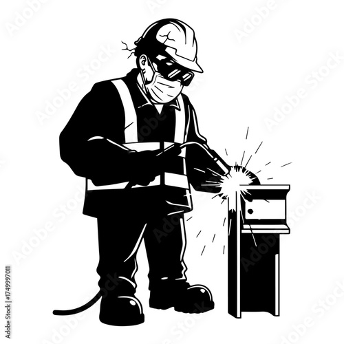 Black and White Welder in Protective Gear Welding Metal Structure with Sparks.