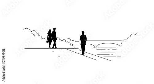 Sketch of people walking in a park with a bridge and water a serene outdoor scene a tranquil moment in nature a linear artistic depiction isolated on white background